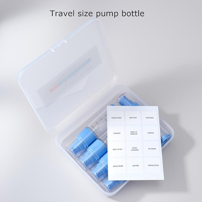 0.7oz/20ml Travel Airless Pump Bottles, 5 Pack Refillable Vacuum Cosmetic Containers with Clear Organizer Case & Labels, Small Lotion Dispenser Bottles for Skincare, Toiletries & Cosmetics