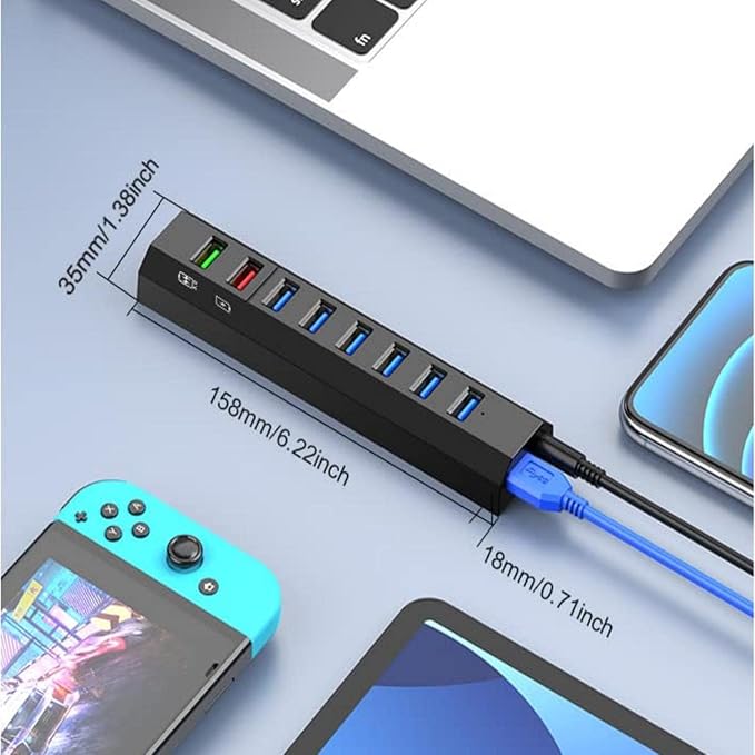RAOYI Powered USB 3.0 Hub, 8 Ports High Speed USB 3.0 Hub Splitter with 36W Power Adapter, 3.3ft Cable and Smart Fast Charger USB Hub for Laptop, PC, Mobile HDD, Mulitple Devices (Black)