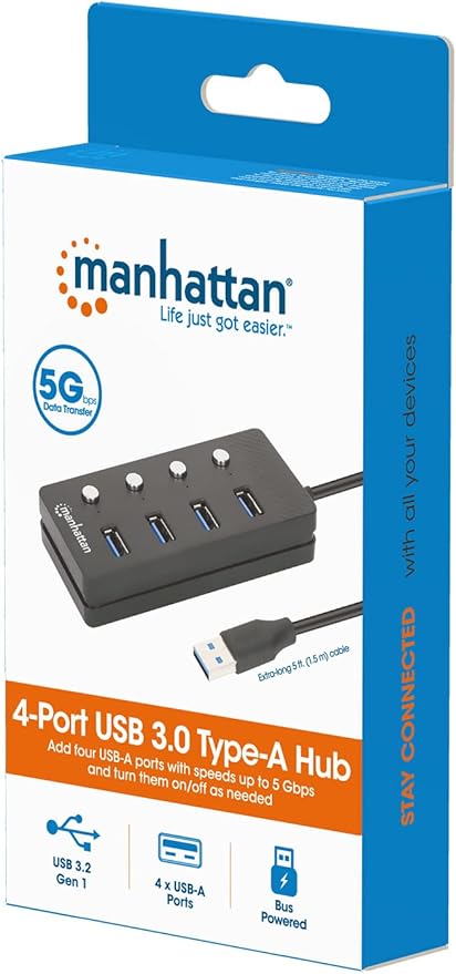 4 Port USB Extension Cable Hub with (5ft Long Cord) – USB 3.2 Powered USB Splitter On/Off Switches – USB Extender/Multiport Adapter for Desktop Computer, Laptop, PC Accessories