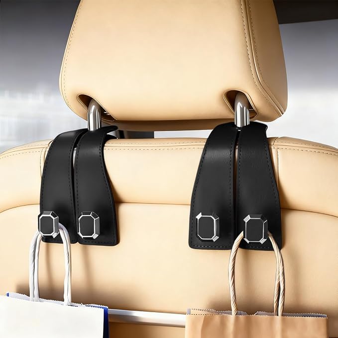 2PCS Car Headrest Hooks, Nappa Leather Metal Vehicle Double Seat Back Storage Hook for Purse Bag Coat, Multifunctional Automotive Interior Hanging Hanger, Universal Fit (Black)