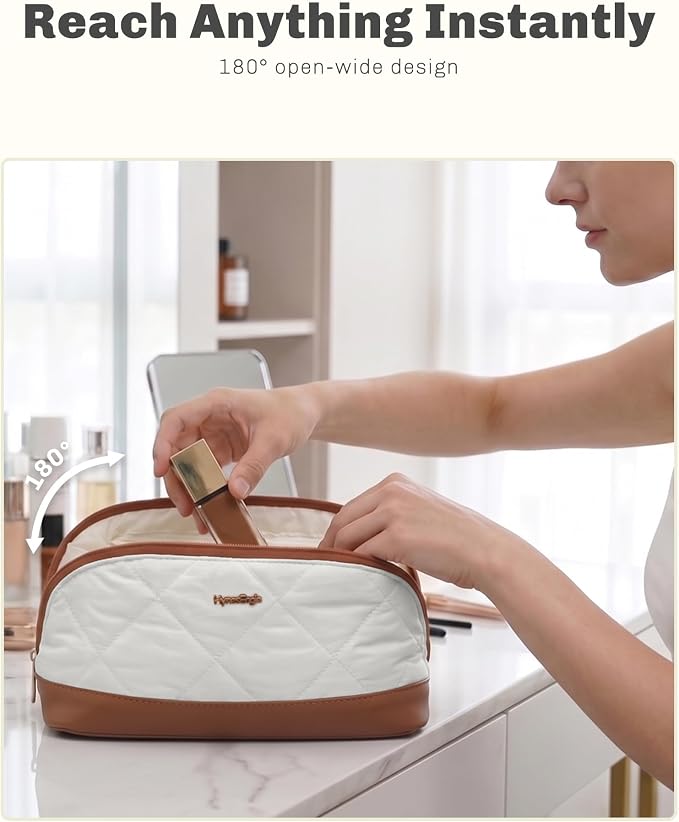 Hynes Eagle Travel Makeup Bag for Women Puffy Cosmetic Organizer Pouch Open Flat Toiletry Bag for Toiletries Brushes Structured Base White