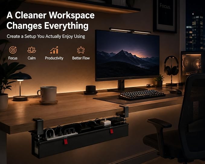 Under Desk Cable Management Tray, 90CM Extra Large, No-Drill Clamp Mount Cable Organizer, Hide Power Strips, Adapters & Wires, Easy Access Fabric Cable Basket for Standing Desks & Home Offices