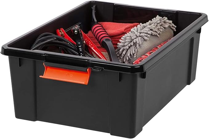 IRIS USA 12 Gallon Lockable Storage Bins with Lids, 2 Pack - Made in USA, Heavy Duty, Stackable Containers, Garage Organizing Bins Moving Tubs, Rugged Sturdy Equipment Utility Box - Black/Orange