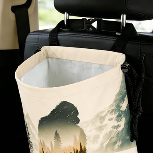 Bigfoot Mountains Forest Car Trash Bag - Waterproof Car Trash Bag Hanging Leakproof Car Garbage Bag - Washable Reusable Trash Bag For Car Interior Hanging Organizer Storage Vehicle Travelling Camping