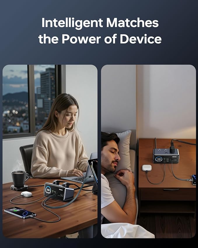 MOKiN 8-in-1 Charging Station 100W GaN, Desktop Charging Station with 3 USB-C, 2 USB-A, 3 AC, 3ft Retractable Cable Charger Station for iPhone 17/16,MacBook Pro, Laptop etc.
