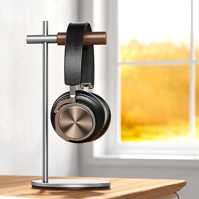Oak Headphone Stand, Wood Headset Stand for Desk, Universal Holder for Airpods max, Bose, Beats, Gaming, Apple Vision Pro, VR Display Stand (Silver)