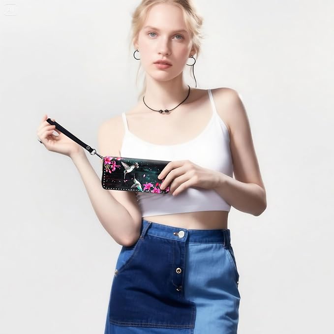 RFID-Blocking Zip Around Wallets for Women with Detachable Wrist Strap,Large Capacity Phone Holder with Card Organizer & Coin Pocket,Flower Hummingbird