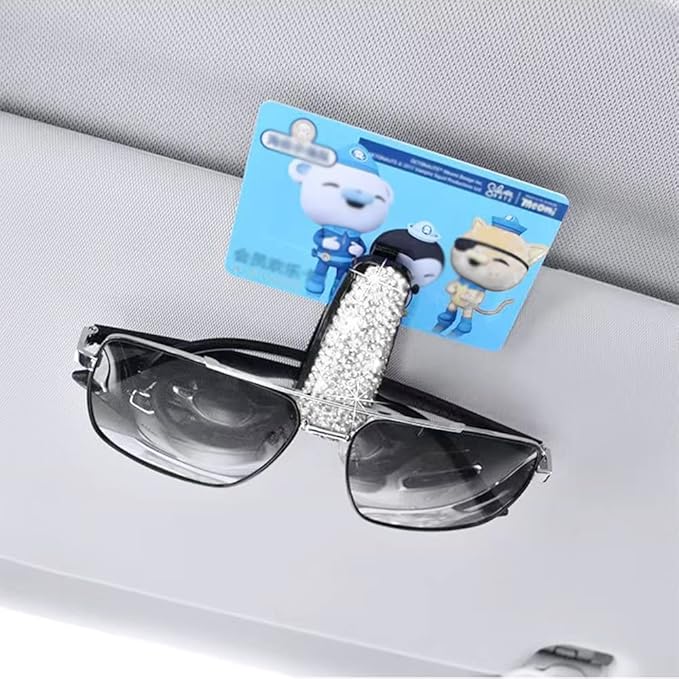 Set of 2 Bling Rhinestone Car Sun Visor Glasses Holders with Anti-Scratch Sponge,Car Decoration for Women Girls,Ticket Card Clip Visor Organizer,Universal Rhinestone Auto Accessories (Silver-2pcs)