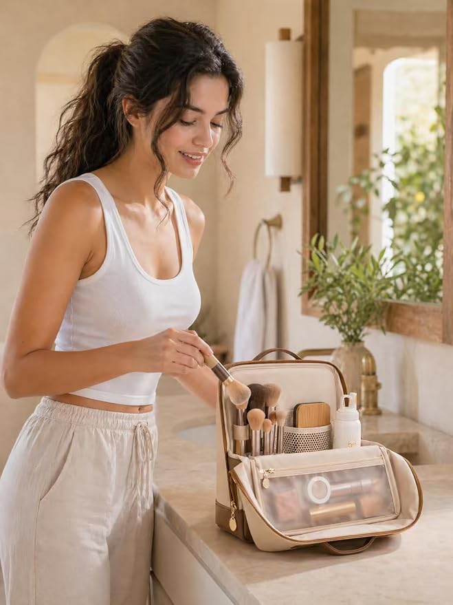 Large Travel Makeup Bag for Women, Large Makeup Bag Organizer with Brush Compartment, Upright Cosmetic Bag and Toiletry Bag, Wipe-Clean PU Makeup Pouch, Brown
