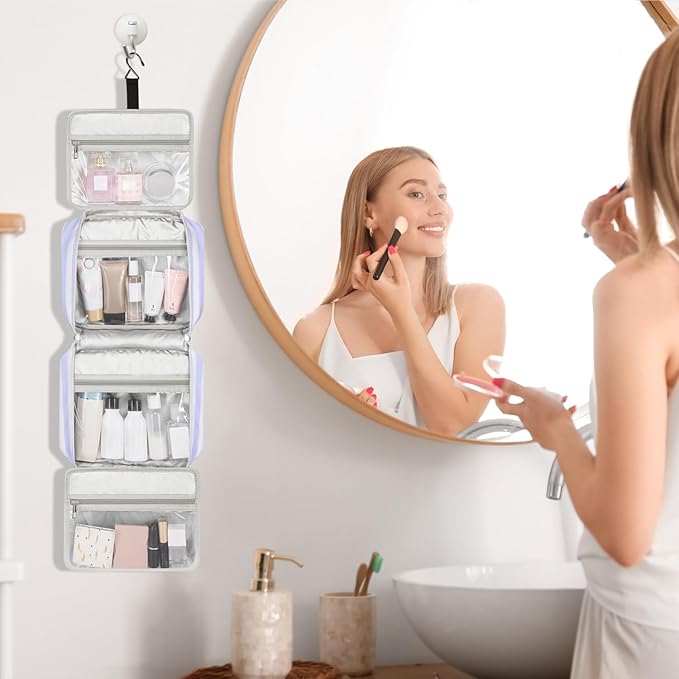 Bosidu Hanging Travel Toiletry Bag,Large Capacity Cosmetic Travel Toiletry Organizer for Women with 4 Compartments & 1 Sturdy Hook,Perfect for Travel/Daily Use/Christmas