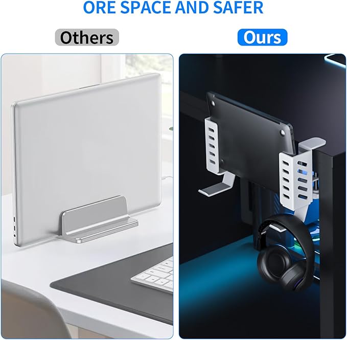 Adjustable Desk Side Laptop Holder with Headphone Stand - No Drill Clamp Organizer for Laptops, Tablets, Keyboards (White) - Sturdy Steel & Silicone Pad Protection