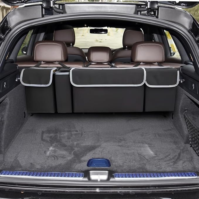 BELOMI Car Trunk Organizer, Auto Waterproof Sturdy Backseat Hanging Large Storage Collapsible Cargo Bag with Anti-Slip Adjustable Strip&4 Pockets, Vehicle Interior Accessories for Man Woman (Black)
