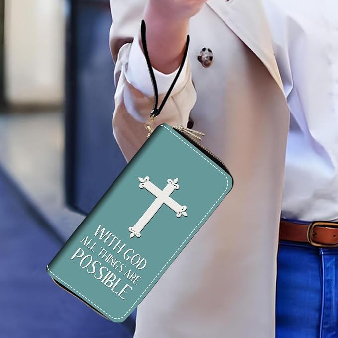 Women's Large Capacity Wallet PU Leather Double Zipper Clutch Purse Multifunctional Wallet with Removable Wristlet Strap for Phone/Coin/Card/Cash, Christian Cross with God All Things are Possible