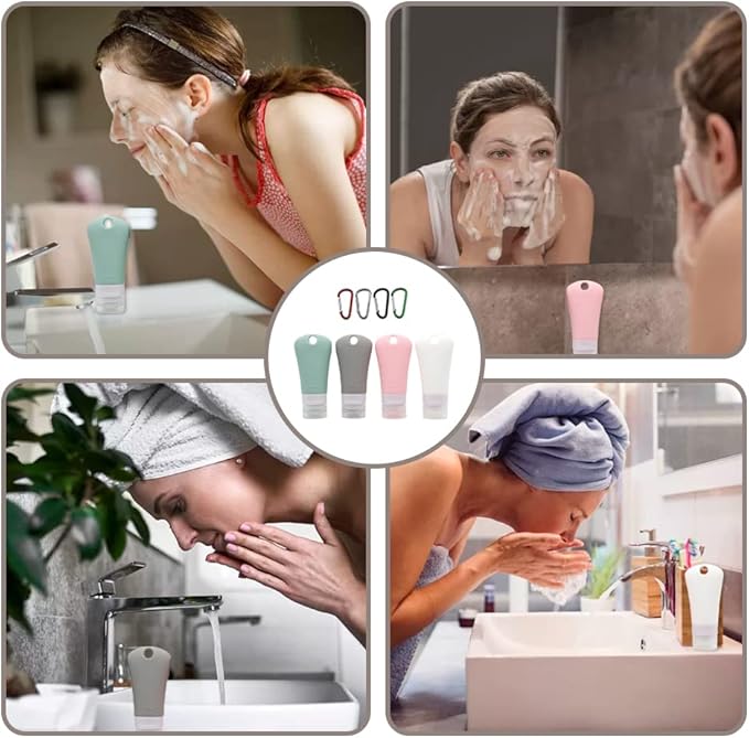 4 Pcs 60ml Leakproof Silicone Travel Bottle Portable Travel Containers Set Refillable Squeezable Container with 4 Hook Carabiner for Travel Toiletries