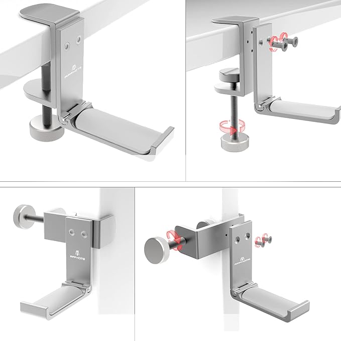 Foldable Headphone Stand and Hook ??Aluminum Headset Holder Clamp Mount Under Desk, Universal Fit for Gaming Headphones, Space-Saving Hanger Organizer