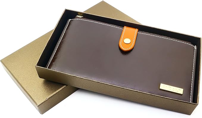 ANDOILT Women's Genuine Leather Wallet RFID Blocking Credit Card Holder Zipper Purse Cell Phone Handbag
