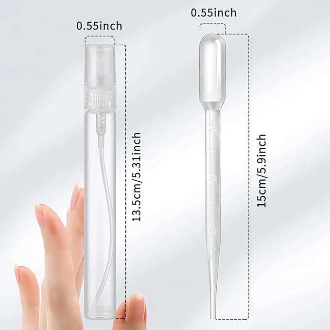 Mini Spray Bottle, 5 Pcs 10ml Perfume Bottle Empty with 3 Pcs Transfer Pipettes, Fine Mist Refillable Perfume Atomizer, Small Empty Sample Containers, Plastic Portable Travel Bottle - Clear