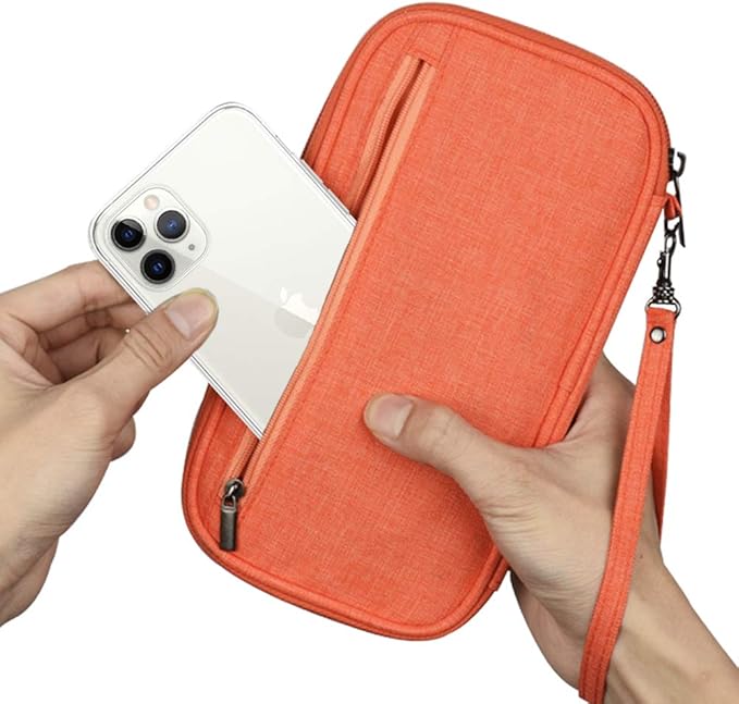 RFID Passport Wallet with Vaccine Card Slot, Family Travel Passport Holder Document Organizer Bag with Wrist & Neck Double Strap