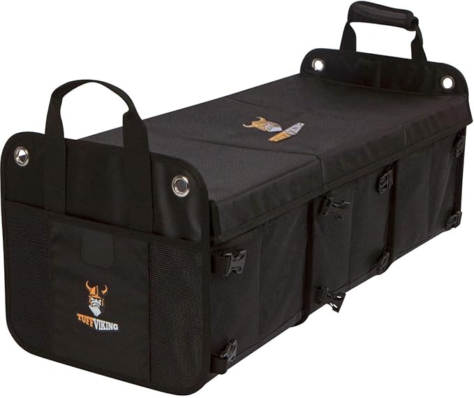 Tuff Viking Convertible Large 3 Compartment SUV Trunk Organizer | Truck Bed Organizer with Cover for Trucks, Cars, SUVs and Groceries. PATENTED (4-in-1 with Cover, Black)