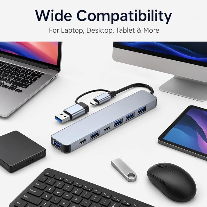 7-Port USB Hub, USB-C & USB-A Multiport Adapter with USB 3.0, USB 2.0, USB-C Data Port and 5W Power Input, Slim Aluminum for Laptop, Desktop, MacBook, iPad, Keyboard, Mouse, Flash Drive
