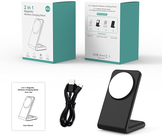 Magnetic Wireless Charger 2 in 1 - YMY 15W Qi Wireless Charging Station, Designed for MagSafe Charger Stand Compatible with iPhone 17/16/15/14/13/12/11 Pro/Pro Max Series, Airpods 4/3/2/Pro 2