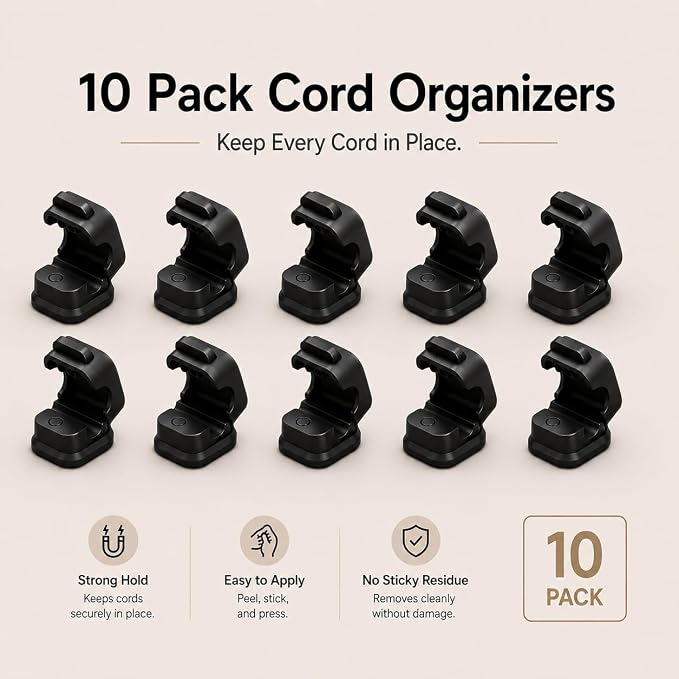 10 Pack Cable Organizer Clips, Adhesive Cord Holder for Desk, Office, Car & Nightstand, Spring Lock Cable Management with Strong Acrylic Adhesive, Black