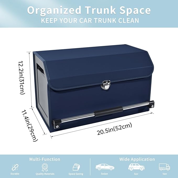 Car Trunk Organizer, Car Trunk Leather Storage Box with Lid and Push-pull Handle Car Trunk Storage Organizer for Car (Blue, 20.47 x 11.42 x 12.2in)