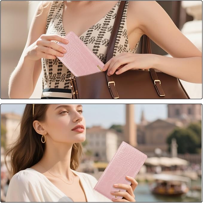 Wallet Women Bifold Faux Crocodile Leather Minimalist Slim Thin Long Wallets RFID Blocking Credit Cards Holder Purse with Back Zipper Coin Pocket for Women and Men,Pink