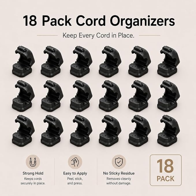 18 Pack Cable Organizer Clips, Adhesive Cord Holder for Desk, Office, Car & Nightstand, Spring Lock Cable Management with Strong Acrylic Adhesive, Black
