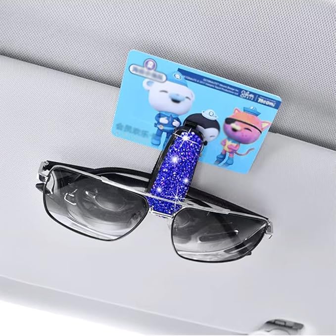 Set of 2 Bling Rhinestone Car Sun Visor Glasses Holders with Anti-Scratch Sponge,Car Decoration for Women Girls,Ticket Card Clip Visor Organizer,Universal Rhinestone Car Accessories (Jewel Blue)