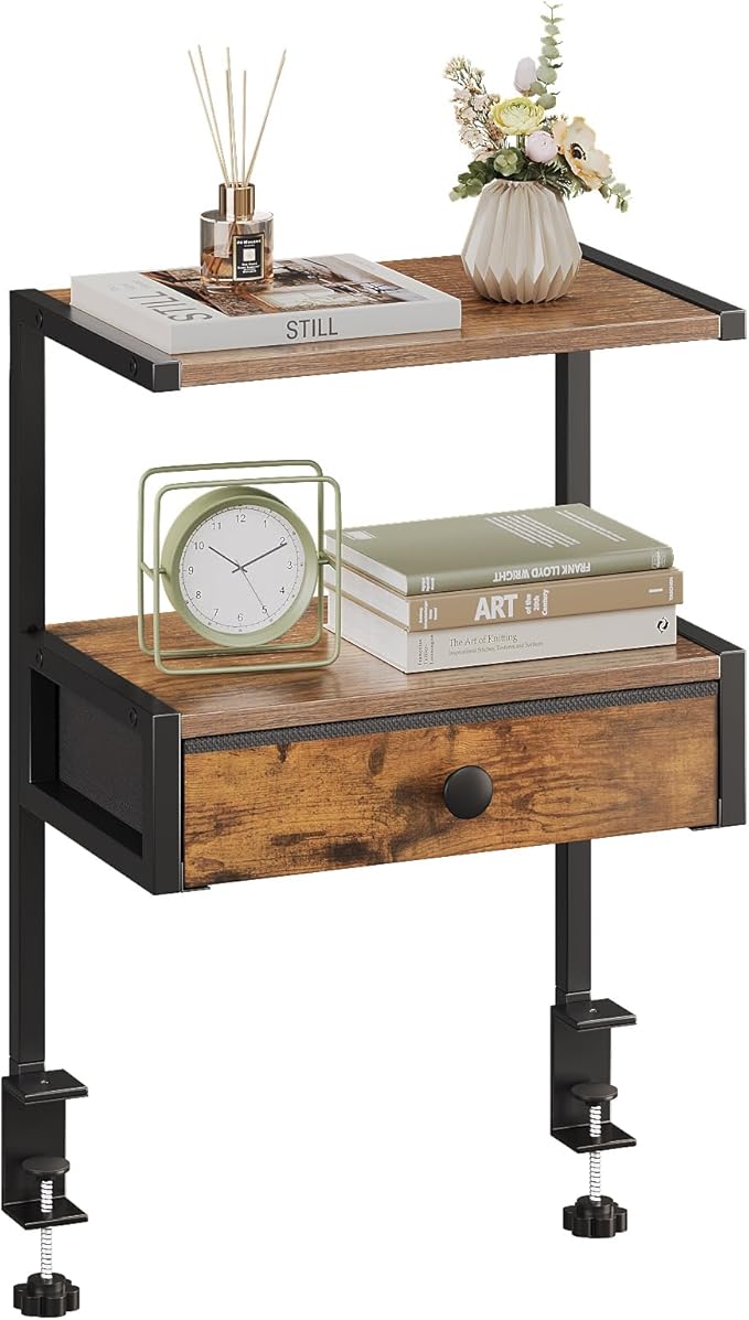 VENNQD Clamp On Desk Shelf, 2-Tier Desktop Organizer, Wood Desktop Supplies Tabletop Book Storage Rack with Adjustable Shelves for Table Working and Gaming Accessories, Rustic Brown