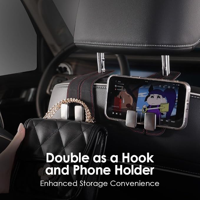 KINIVA Car Seat Headrest Storage Hooks, Set of 2, Suede PU Leather, Double Hooks (Black-4 Pack)
