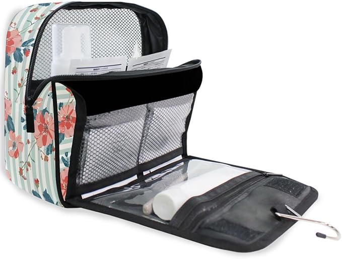 Hanging Travel Toiletry Bag Floral on Striped Kit Makeup Case Cosmetics Organizer for Men Women