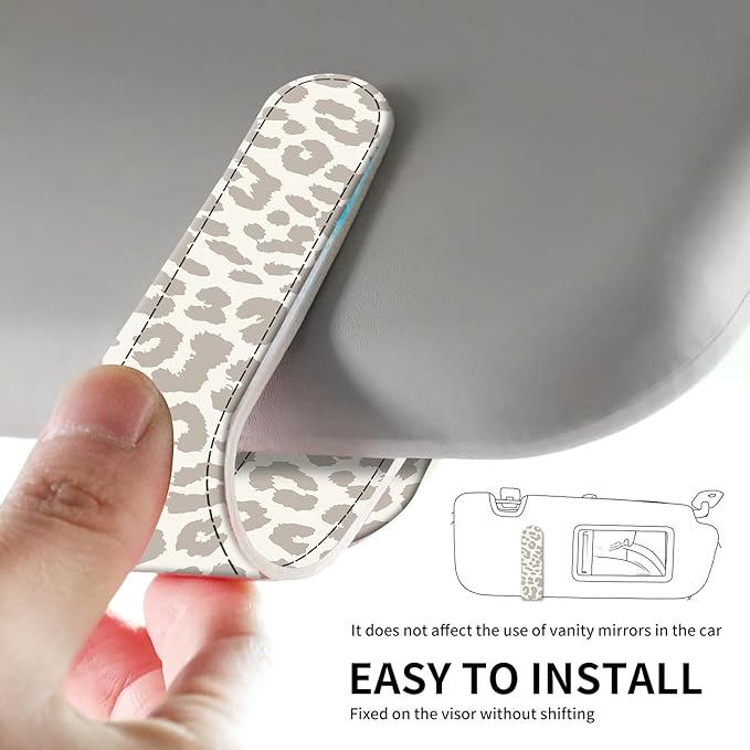 Leather Magnetic Sunglass Holder for Car Sun Visor, Cute Eyeglass Ticket Card Hanger Clip, Universal Auto Interior Accessories for SUV Pickup Truck Beige Leopard Print