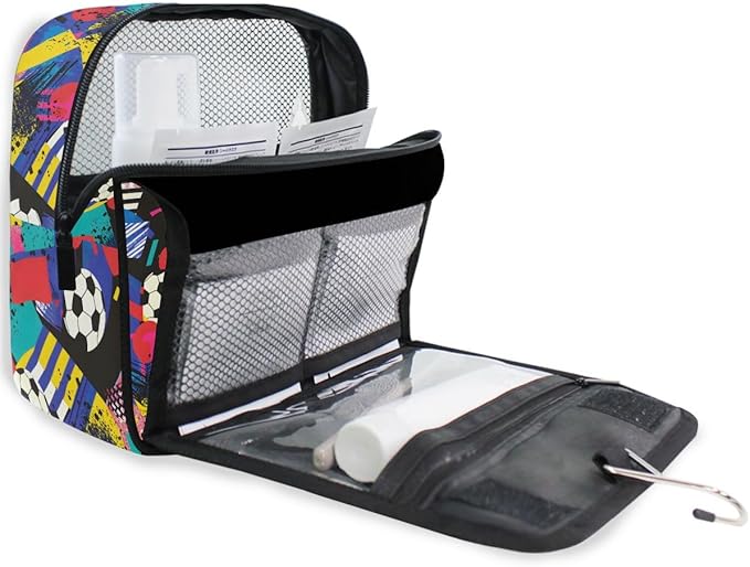 Hanging Travel Toiletry Bag Kit Boys Makeup Case Cosmetics Organizer for Men Women (Inspired Soccer Bright Colors)