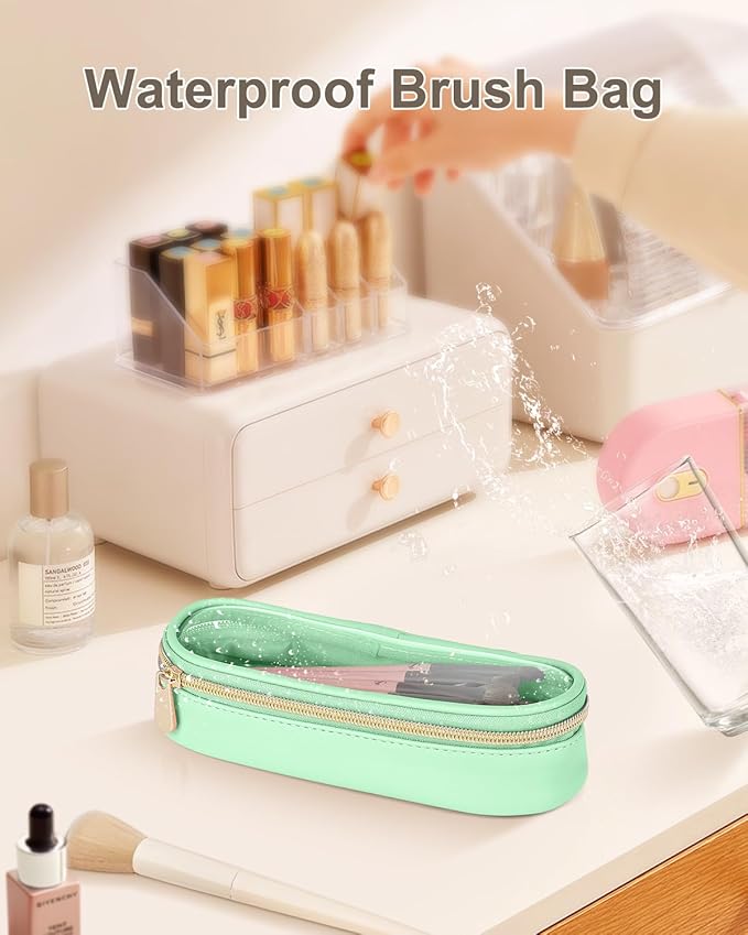 Soimeat Clear Travel Makeup Brush Holder, Leather Makeup Brush Toiletry Bag, Portable Cosmetic Brush Case, Transparent Waterproof Makeup Brush Storage Bag, Mint Green