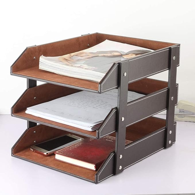 Very Sturdy 3 Tier Leather Desk File Rack for Office Supplies/Stationery/Folder,Stackable Letter Tray Organizer,Document Filing Organizer Holder for Desktop Storage (Brown)…