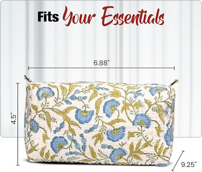 Cotton Hand Block Floral Print Toiletry Bag For Women Make Up Cosmetic Bag Jewelry Organizer Kit Storage Bag Case Travel Accessories Essential Toiletries Purse Open Pouch (White 2, Set of 1)