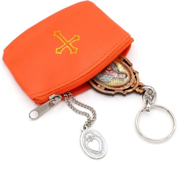 Orange Rosary Pouch with Zipper & Gold St. Thomas Cross Imprint | Compact Leatherette Rosary Case for Small to Medium Rosaries | Protective Travel Rosary Holder for Men & Women