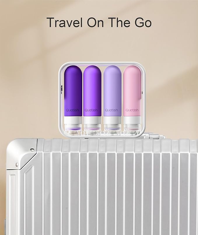 Quatish Travel Bottles for Toiletries, Original Patented Leak Proof Travel Size Containers, 3 oz Tsa Approved Silicone Shampoo and Conditioner Bottles, 4 Pack,,Purple