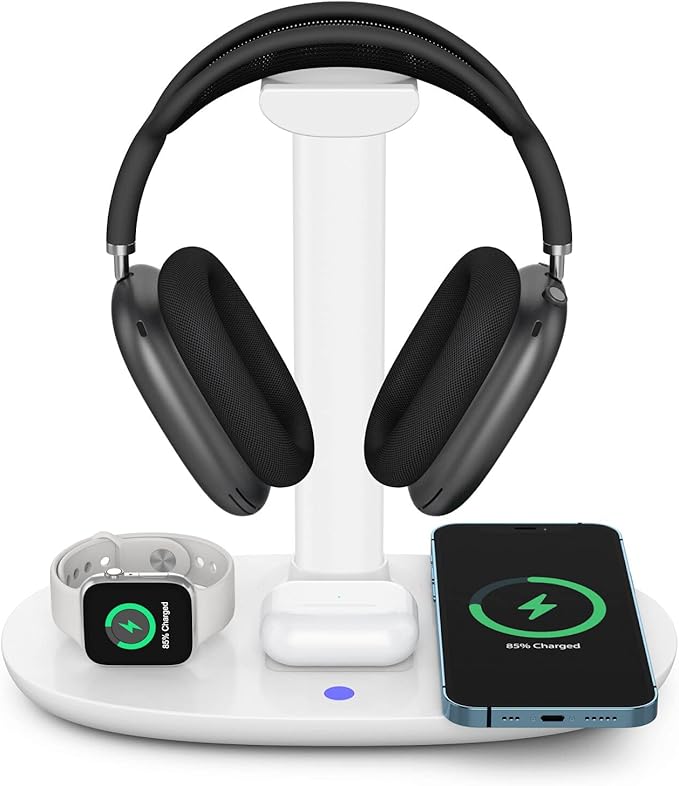 Headphone Stand with 15w Wireless Charger, Suguder 4 in 1 Charging Station Headset Holder for AirPods Max/Pro/4/3/2 iWatch 10/9/8/7/6/5/4/3/2/1/SE iPhone 17/16/15/14/13/12/11/X for Desktop Table Game