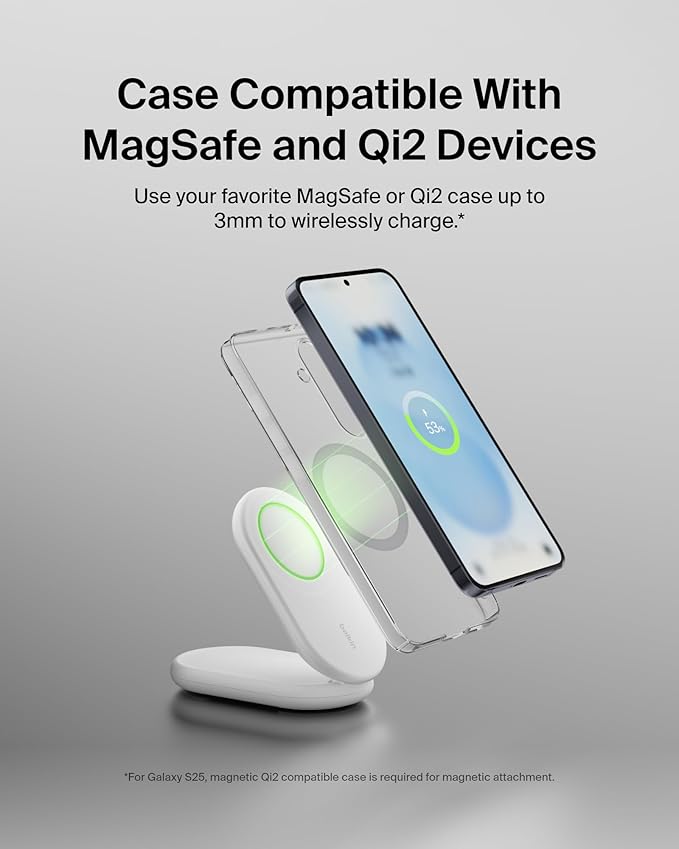 Belkin Magnetic Foldable Wireless Charging Stand 15W - MagSafe-Compatible Qi2-Certified Charger, Wireless Charging Stand for iPhone 16, Galaxy S25, & More - Standby Mode Ready w/PSU Included - White