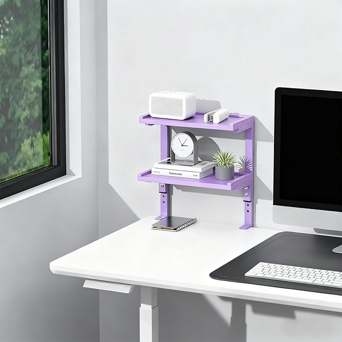 Spacrea clamp on Desk Shelf, 2 Tier Office Desk Shelves Organizer, Wood Desktop Supplies Storage Rack, Desk Organizers and Accessories (Purple)