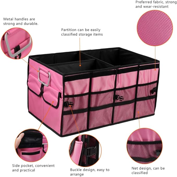 Car Trunk Organizer Collapsible Portable Multi Compartments Organizer with Non Slip Straps for SUV Truck Auto Vehicle Car Auto Minivan (Large without cover, Pink)