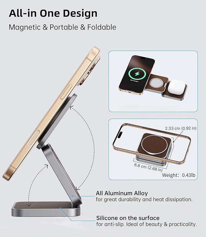 Foldable Magnetic Wireless Charger, KU XIU Aluminum Alloy 3 in 1 Charging Station for Apple, Fast Charging Travel Charger for iPhone 17 16 15 14 13, 5W for Apple Watch Ultra, AirPods, Leather Texture