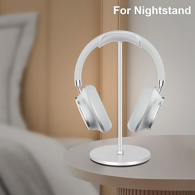 T-fun Headphone Stand, Curved Headset Stand with Aluminum Rod ABS Solid Base Gaming Headset Holder for Desk Headphone Accessories for Organization and Display, Silver