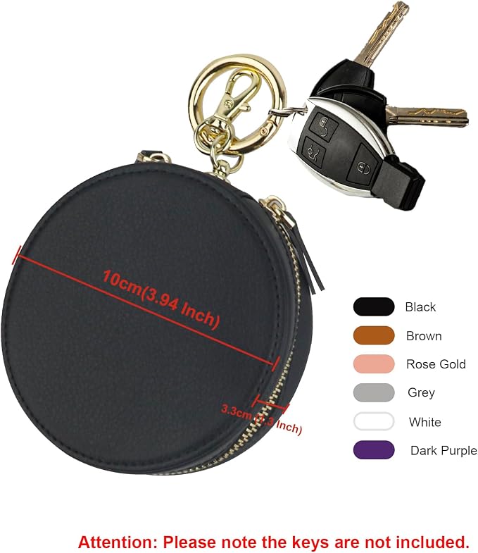 Bocasal Coin Pouch Mini Lipstick Cosmetic Bag with Airtag Holder Mirror, Leather Zipper Travel Makeup Bag Organizer Keychain Ring Clasp for Keys Earbuds Earphone Lip Gloss Chapstick Women Girl (Black)