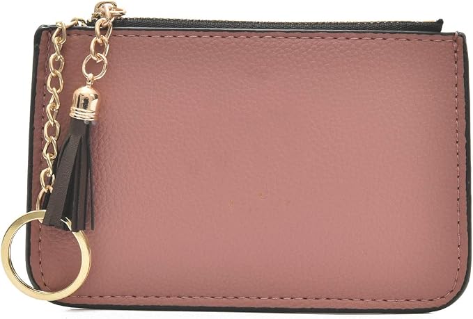 Coin Purse Change Wallet Pouch Leather Card Holder with Key Chain Tassel Zip(Pink)