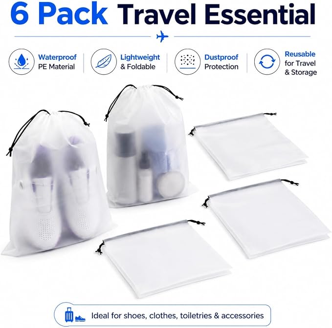 6 Pack Transparent Shoe Bags for Travel, Large Clear Drawstring Shoe Organizer Bags for Men & Women, PE Waterproof Dustproof Portable Shoe Storage Pouch for Luggage, Backpack, Gym