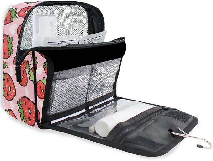 senya Hanging Travel Toiletry Bag Cute Kit Makeup Case Cosmetics Organizer for Men Women (Cute Strawberry Girly)